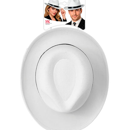 Witte fedorahoed van bovenaf met zwarte band en verpakkingskaart van Widmann
