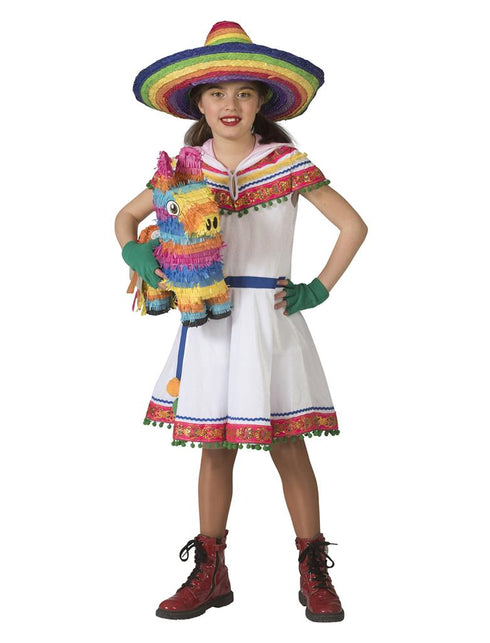 Witte Peruviaanse jurk met kap, gecombineerd met kleurrijke accessoires voor een themafeest