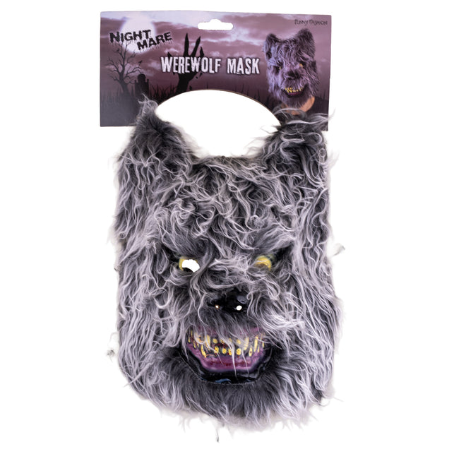 Wolvenmasker halloween op verpakkingskaart, harige grijze wolvenkop voor Halloween