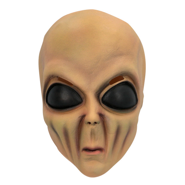 Wrinkly alien masker van latex, vooraanzicht met grote zwarte amandelogen en rimpels langs de wangen