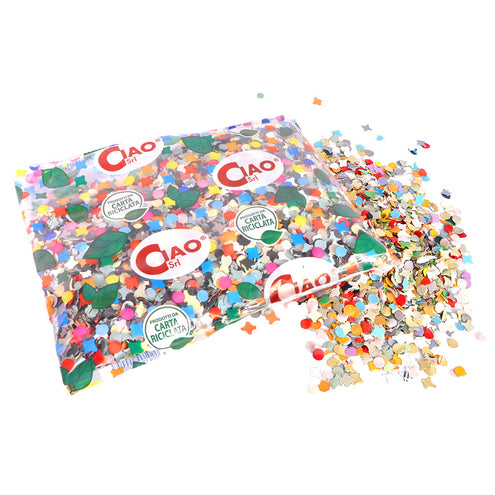 Zak confetti Party multikleur met ronde stippen en sterretjes van papier, deels uit de doorzichtige zak gestrooid