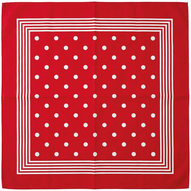 Zakdoek rood met wit uitgevouwen, rode katoenen doek met witte stippen en witte streeprand