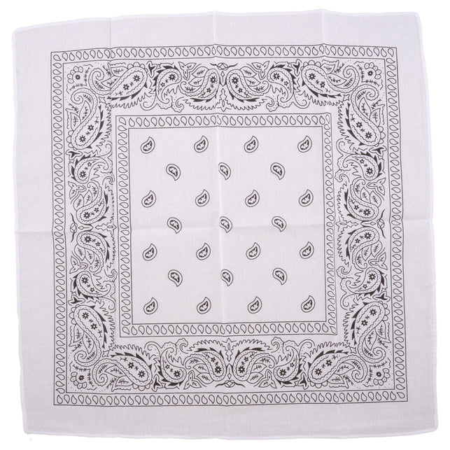 Zakdoek wit 50 x 50 cm uitgevouwen met zwarte paisleyrand en druppelmotieven in het midden