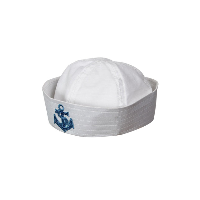 Zeemans muts met anker in wit, met blauw ankerembleem van pailletten op de doorgestikte band