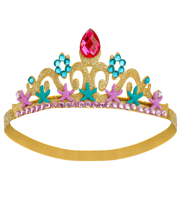 Zeemeermin tiara goud met turquoise en lila zeesterren en roze druppelsteen op elastische band