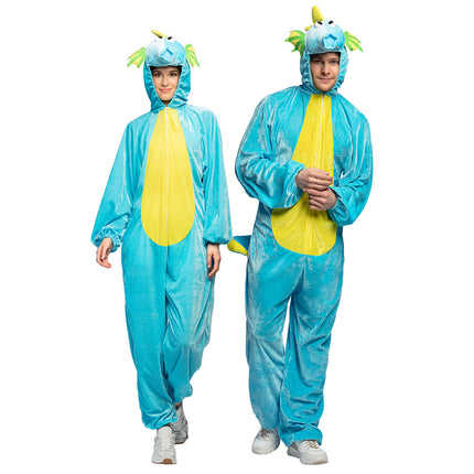 Zeepaardje kostuum voor dames en heren, twee turquoise jumpsuits met gele buikpartij