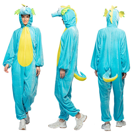 Zeepaardje kostuum voor volwassenen, turquoise jumpsuit met rits en zeepaardjekop op de capuchon