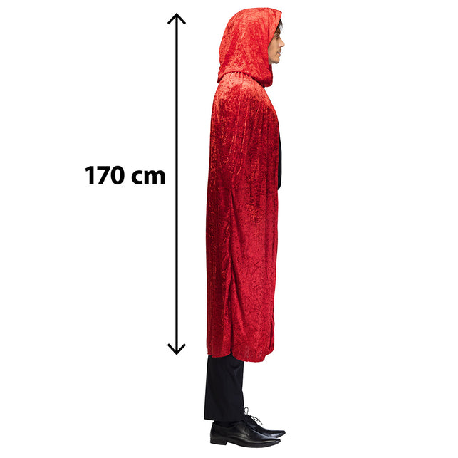 Zijaanzicht rode cape met kap en maatpijl van 170 cm inclusief kap