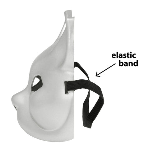 Zijaanzicht van het zilveren kattenhalfmasker met zwart elastiek aan de zijkant