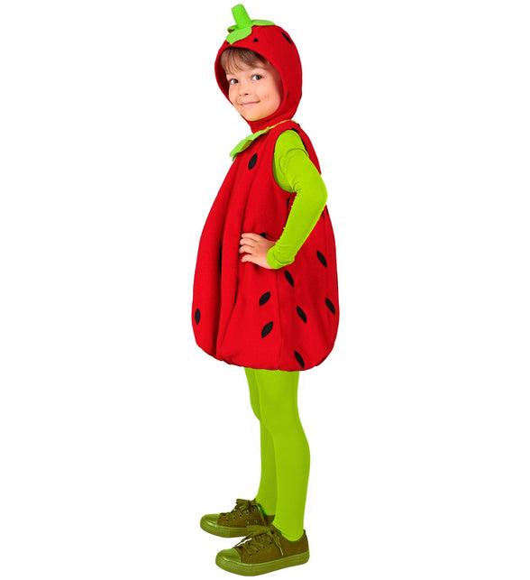 Zijkant van het aardbeienpakje: bolle rode jumpsuit met zwarte zaadjes en capuchonvormig hoofddeksel