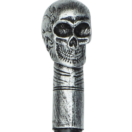 Zilverkleurige doodshoofdknop van de schedelwandelstok met diepe oogkassen en gegroefde greep