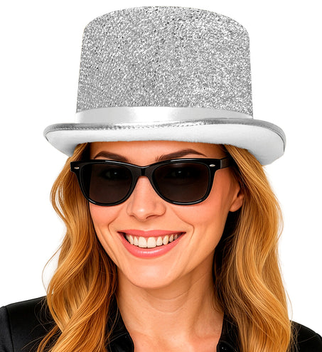Zilverkleurige glitter hoge hoed voor dames, vooraanzicht met brede witte hoedband