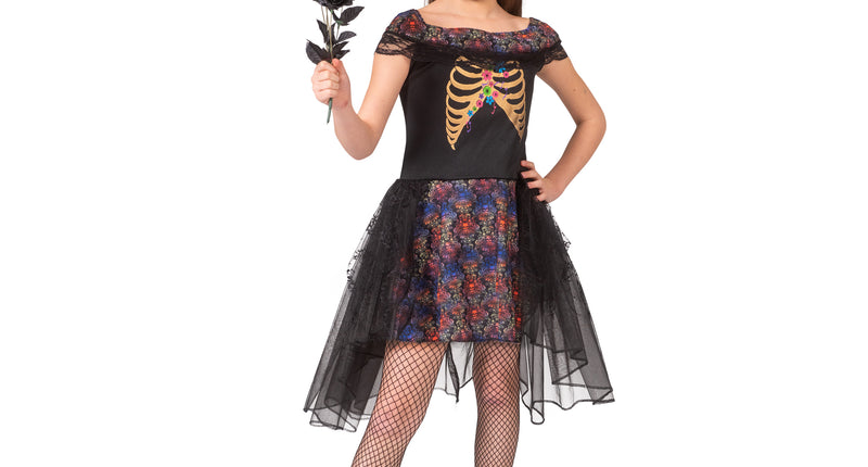 Zombie bruid kostuum Janna met gouden ribbenkastopdruk en zwarte tule rok, voor Halloween