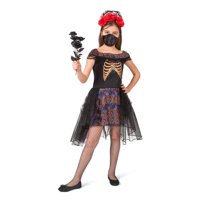 Zombie bruid kostuum Janna met gouden ribbenkastopdruk en zwarte tule rok, voor Halloween