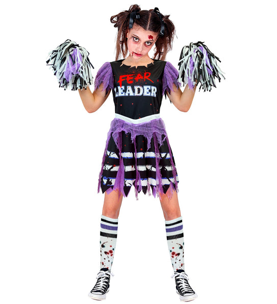 Zombie cheerleader jurkje in zwart met paars gaas en FEAR LEADER-print voor Halloween
