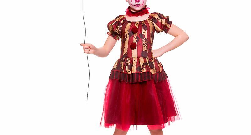Zombie circus clown kostuum meiden met rood-bruin gestreept jurkje, bloedspatten en rode tulen rok voor Halloween