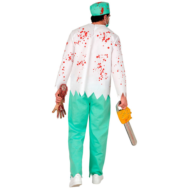 Zombie dokter kostuum heren achterzijde met bebloede witte jas en groen operatiekapje