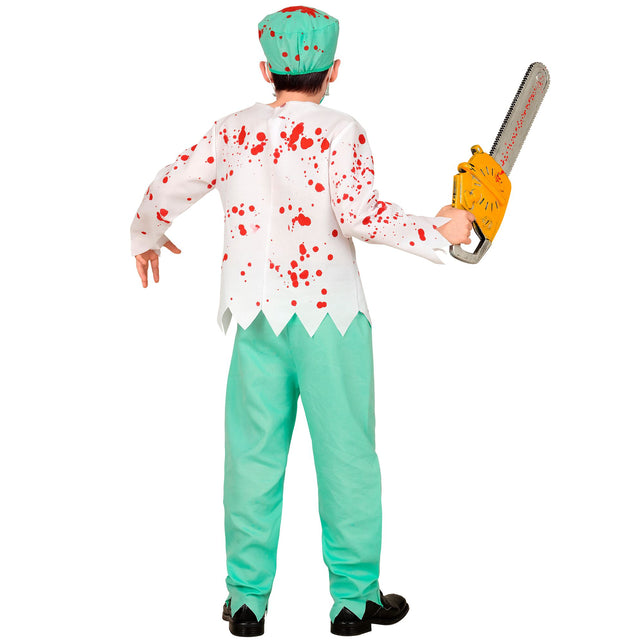 Zombie dokter kostuum jongens achteraanzicht met groen hoedje en gerafelde broekzomen