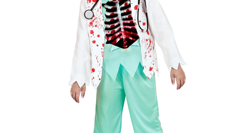 Zombie dokter pak kind met bebloede witte jas, mintgroene broek en muts voor Halloween