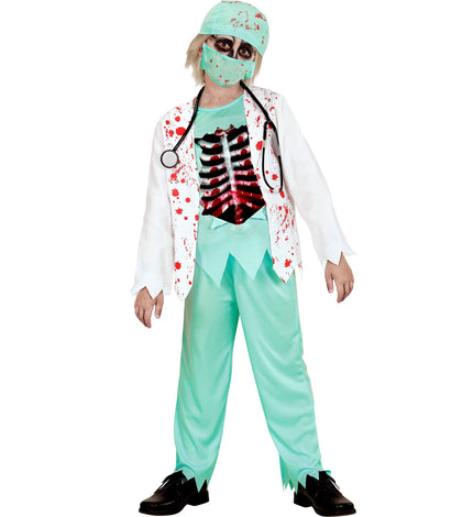 Zombie dokter pak kind met bebloede witte jas, mintgroene broek en muts voor Halloween