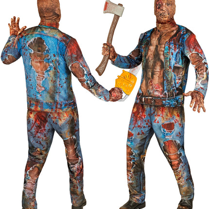 Zombie herenkostuum Hans van achteren met grote scheur op de rug van de denimjas