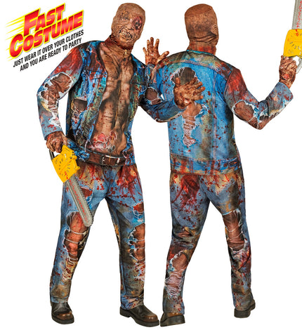 Zombie kostuum heren Hans, gescheurde denimjas en broek met bloedspatten, voor- en achterkant