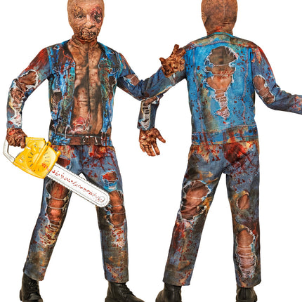 Zombie kostuum kinderen met blauwe jeansjas, gaten in de broek en zombiemasker met beschadigd oog