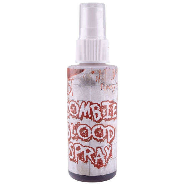 Zombie nep bloedspray in kunststof flesje met witte pomp en donkerrood nepbloed, voor Halloween