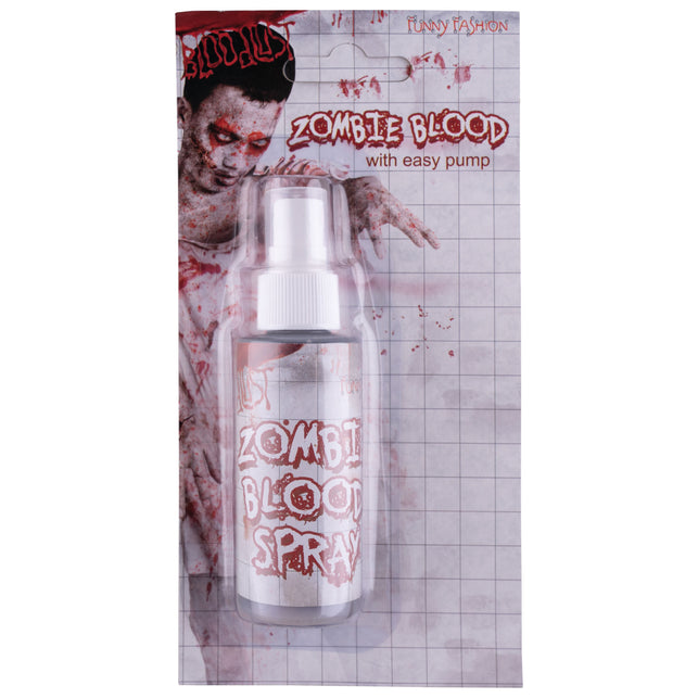 Zombie nep bloedspray op verpakkingskaart met zombiefoto en grijswit label met rode spatten