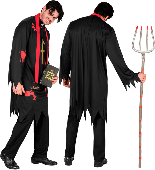 Zombie priester kostuum Henk voor- en achterkant met gerafelde zoom en bloedspatten op de tuniek