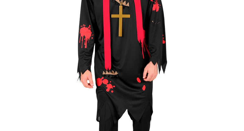 Zombie priester kostuum horror Henk met zwarte tuniek, rode sjaal en gouden kruis voor Halloween