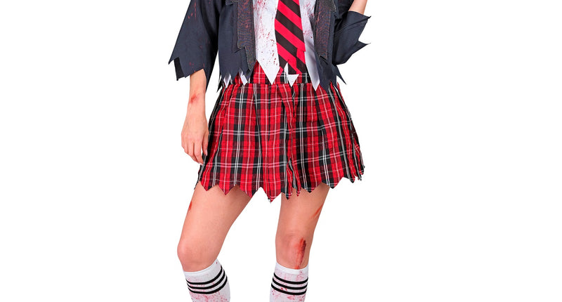 Zombie schoolmeisje kostuum Emma met grijze rafeljas, bebloed shirt en ruitrokje voor Halloween