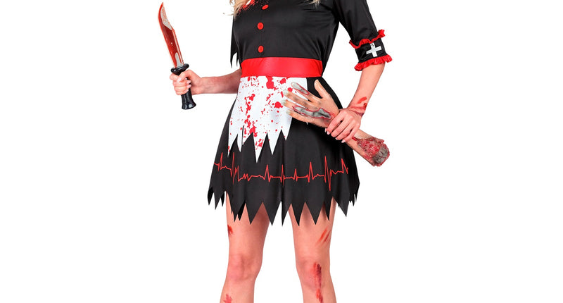 Zombie verpleegster kostuum Evi dames, zwarte jurk met rode ceintuur en hartslaglijn voor Halloween