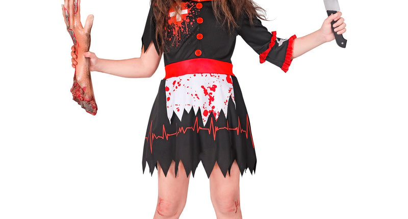 Zombie verpleegster kostuum Evi met rode knopen, wit schortje en hartslaglijn op de rok, voor Halloween