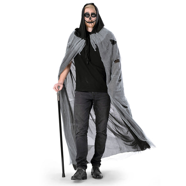 Zombiecape 180 cm in grijs gaas met scheuren en zwarte capuchon, gedragen voor Halloween