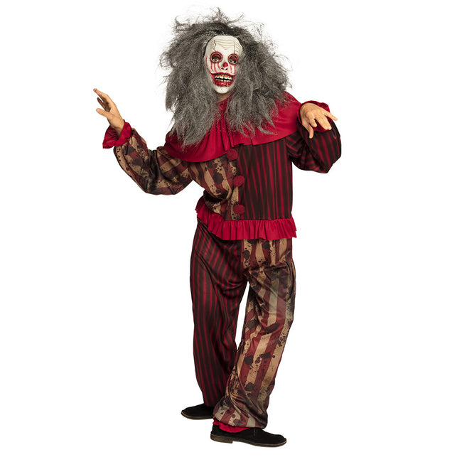 Zombieclown hoofdmasker van latex gedragen bij een rood gestreept horrorclownkostuum