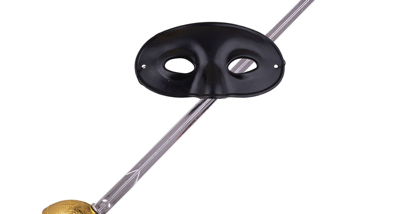 Zorro set 2-dlg met zwart oogmasker en zilverkleurig zwaard met goudkleurig gevest met bladreliëf
