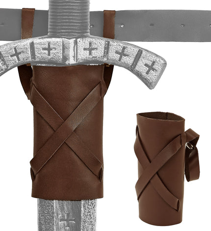 Zwaard holster bruin kunstleer met kruislingse banden, aan een riem met verkleedzwaard erin