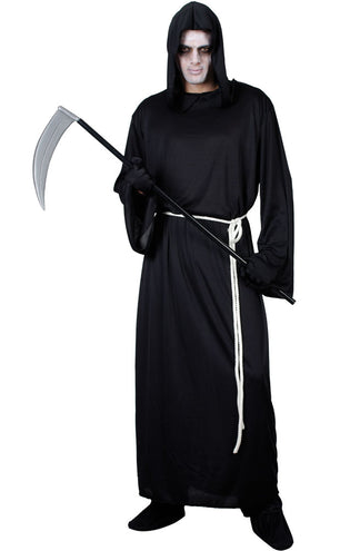 Zwart Grimreaper gewaad met wijd uitlopende mouwen en geknoopt wit koord in de taille