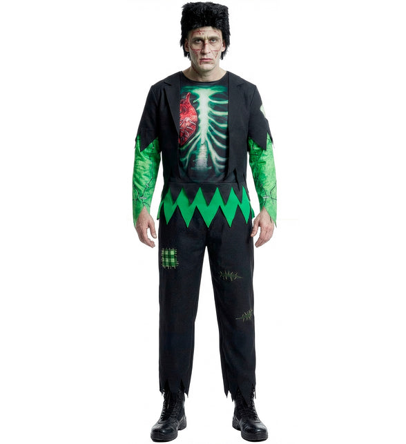 Zwart monsterkostuum heren met groene zigzagband op de heup en zwarte pruik