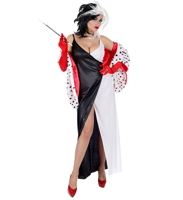 Zwart-witte Cruella jurk dames met hoge split aan de voorzijde en losse dalmatiercape