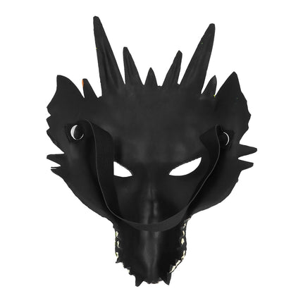 Zwarte binnenkant van het foam halfmasker draak met ooggaten en band aan twee metalen knopen
