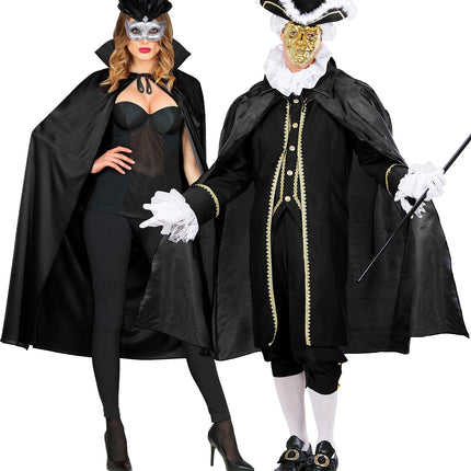Zwarte cape 130cm bij een gemaskerde baloutfit, glanzend zwart met staande kraag