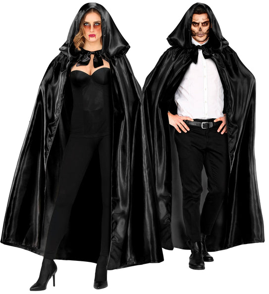 Zwarte cape met capuchon bij vampier- en skeletschmink voor Halloween