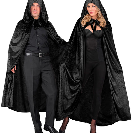 Zwarte cape met kap in fluweel, strik bij de hals, voor dames en heren