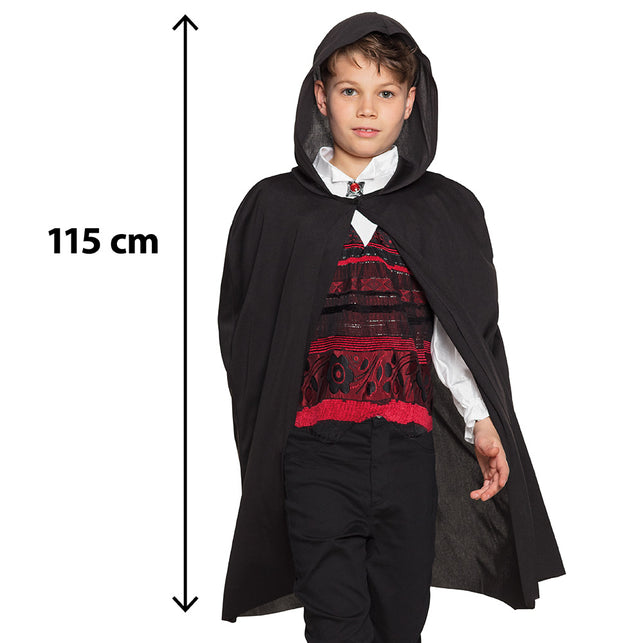 Zwarte cape kind Dusk met lengtemaat 115 cm inclusief kap, kap over het hoofd gedragen