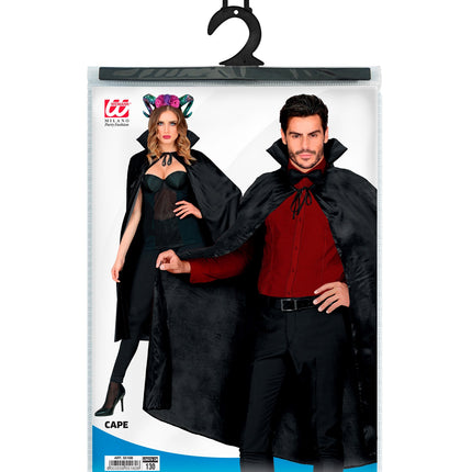 Zwarte cape in verpakking van Widmann met hanger, lengte 130 cm op label