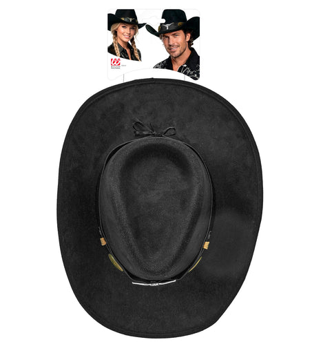 Zwarte cowboyhoed Dallas van bovenaf met brede rand en zwarte binnenband