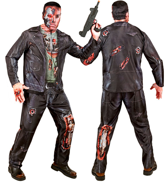 Zwarte cyborg broek met opengereten knie en zilvergrijze robotmechaniek, achterzijde met kogelgaten