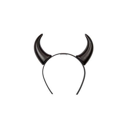 Zwarte duivelhoorntjes diadeem Satan met twee gebogen spitse hoorntjes op smalle zwarte haarband